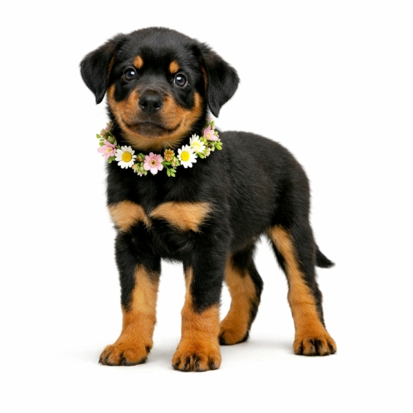 a sweet rottweiler puppy with a necklace of flower